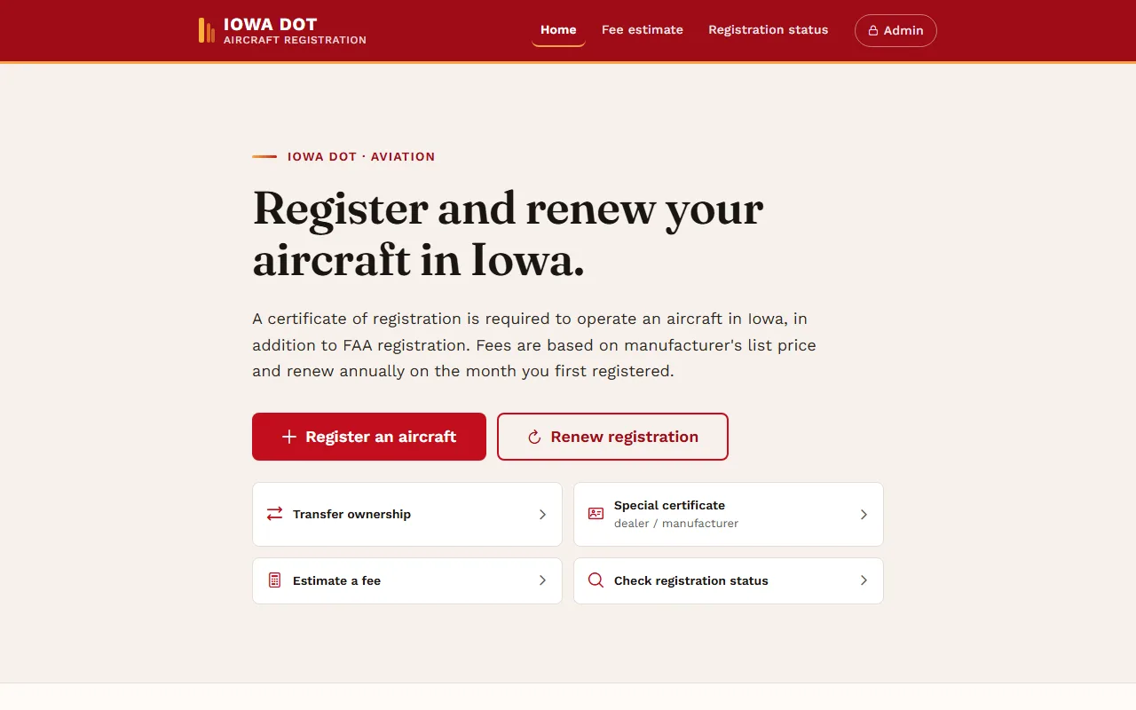 Screenshot of Iowa DOT Aircraft Registration