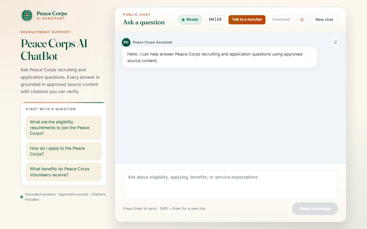Screenshot of Peace Corps Recruitment Assistant