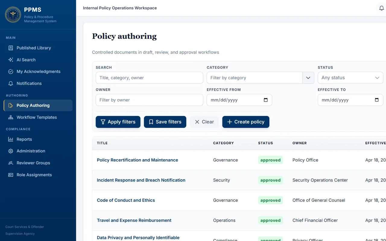 Screenshot of Policy & Procedure Management